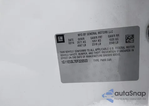 2014 Chevrolet Malibu 2Lt z USA, uszkodzony, nr VIN 1G11E5SL7EF220503